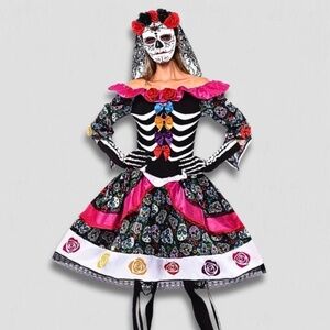 Spooktacular Creations Day of the Dead Katrina dress  Headband Set Black/Pink XL